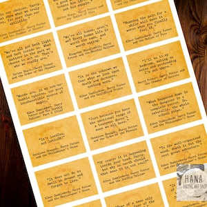 Può includere: Un foglio di carta con più biglietti rettangolari, ognuno con citazioni dalla serie di Harry Potter. I biglietti hanno un aspetto vintage, con testo nero su carta invecchiata. È visibile un logo del negozio.