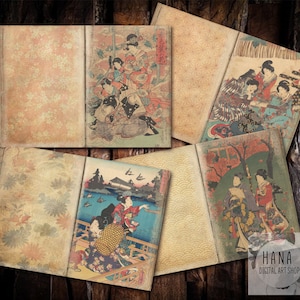 May include: A vintage-style scrapbook with six pages featuring Japanese woodblock prints of women in traditional clothing. The pages are decorated with floral patterns and have a distressed, aged look.