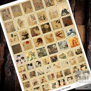 Peut inclure: Une feuille de timbres-poste présentant diverses estampes d'art japonais. Les timbres présentent une variété d'images, notamment des paysages, des figures et des styles artistiques traditionnels. Les timbres sont disposés en grille avec un bord perforé. Le texte "HANA DIGITAL ART SHOP" est visible.