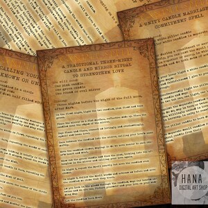 Op de afbeelding: Drie vintage-stijl kaarsmagie-spreukkaarten met instructies voor liefdes- en verbintenisspreuken. De kaarten zijn gedrukt op verouderd papier met een bruine achtergrond en bevatten handgeschreven tekst in zwarte inkt.