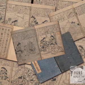 May include: A collection of vintage Japanese woodblock prints, featuring illustrations of people in traditional clothing. The prints are in black and white and have text in Japanese characters. The prints are arranged in a pile, with some of them overlapping.