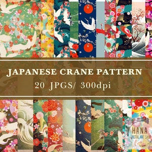 JAPANESE CRANE PATTERN Carta, modello giapponese di uccelli e ventagli, effimera giapponese, kit diario giapponese, tema giapponese, modello vintage, giapponese