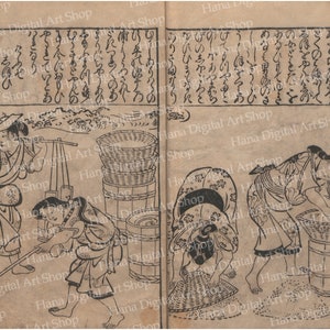 May include: A black and white woodblock print depicting three people working with rice. The people are wearing traditional Japanese clothing and are using baskets and barrels to process the rice. The print is on a light brown paper background.