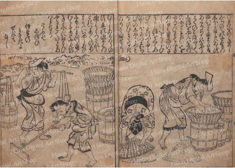 May include: A black and white woodblock print depicting three people working with rice. The people are wearing traditional Japanese clothing and are using baskets and barrels to process the rice. The print is on a light brown paper background.