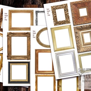 Könnte beinhalten: Eine Sammlung digitaler Kunstdrucke mit verschiedenen verzierten Bilderrahmen in Gold, Silber und Braun. Die Rahmen sind rechteckig, quadratisch und oval, mit detaillierten Schnitzereien. Der Text "Hana Digital Art Shop" ist sichtbar.