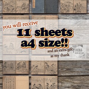 May include: Eleven sheets of vintage Japanese art prints in A4 size. The prints feature black and white illustrations of people in traditional clothing. The text in the image reads "you will receive 11 sheets a4 size!! and an extra gift as my thank HANA DIGITAL ART SHOP".