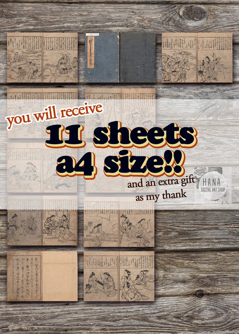 May include: Eleven sheets of vintage Japanese art prints in A4 size. The prints feature black and white illustrations of people in traditional clothing. The text in the image reads "you will receive 11 sheets a4 size!! and an extra gift as my thank HANA DIGITAL ART SHOP".