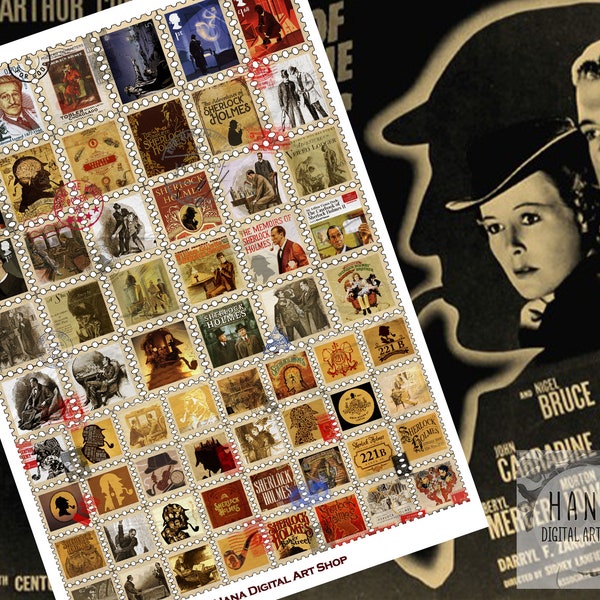 48 SHERLOCK HOLMES STAMPS,  Printable Stamp, Vintage stamp, Holmes stamps, Steampunk stamps, Digital Stamp, Digital Download stamp