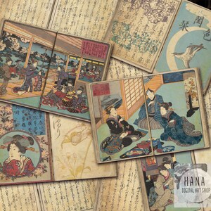 May include: A collection of vintage Japanese woodblock prints featuring women in traditional clothing. The prints are mounted on aged paper with Japanese text and are in various shades of blue, green, and brown.