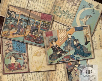 May include: A collection of vintage Japanese woodblock prints featuring women in traditional clothing. The prints are mounted on aged paper with Japanese text and are in various shades of blue, green, and brown.