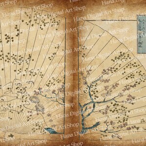 May include: An antique Japanese map with a faded brown background. The map features a stylized illustration of a cherry blossom tree with a fan-shaped design. The text on the map reads "蘆線即有縮圖嚴島富物之門人々ノ内す".