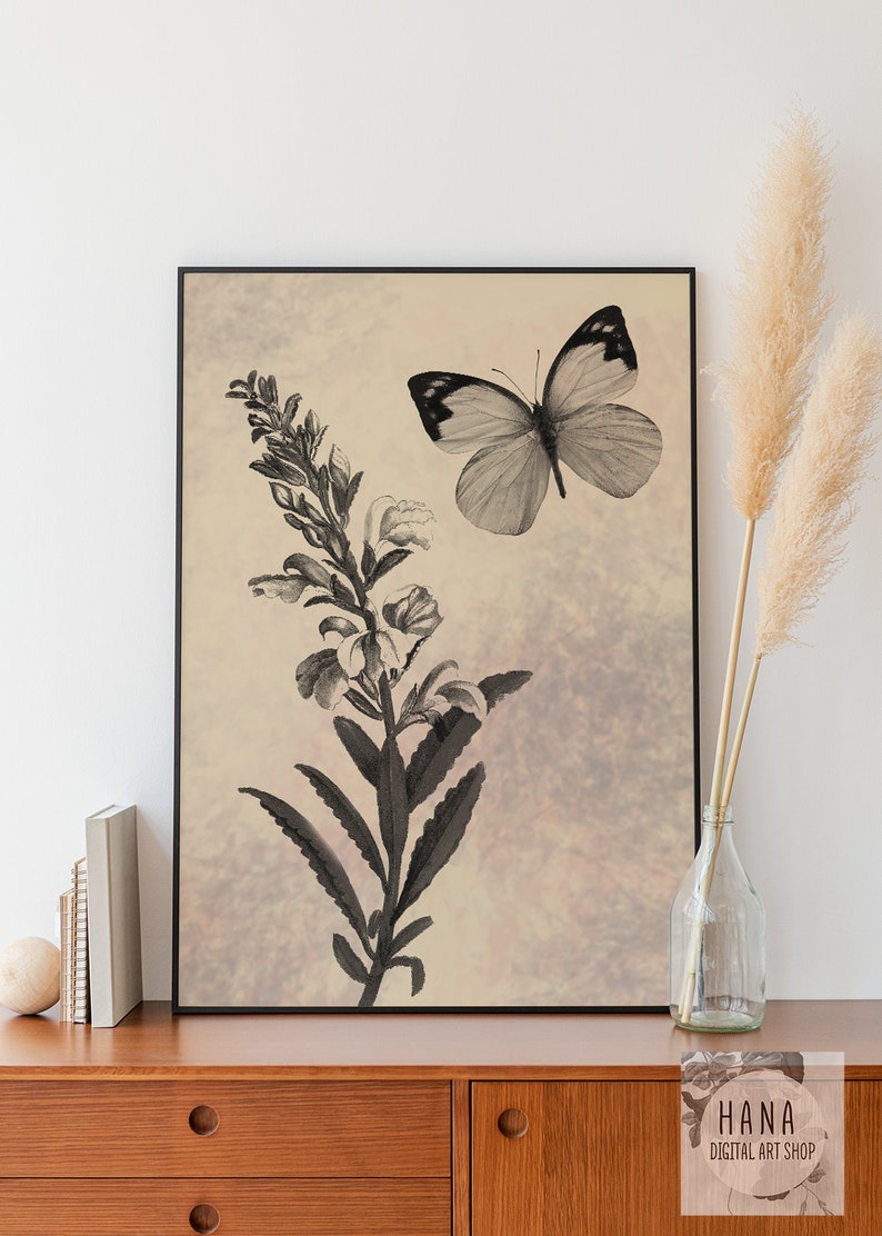 Black Flower Wall Art Set Ver 2, Wall Art Set, Butterfly Wall Art