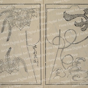 May include: Two black and white illustrations of Japanese kimono designs. The left design features a floral pattern with leaves and vines. The right design features a wave pattern with a rope design.