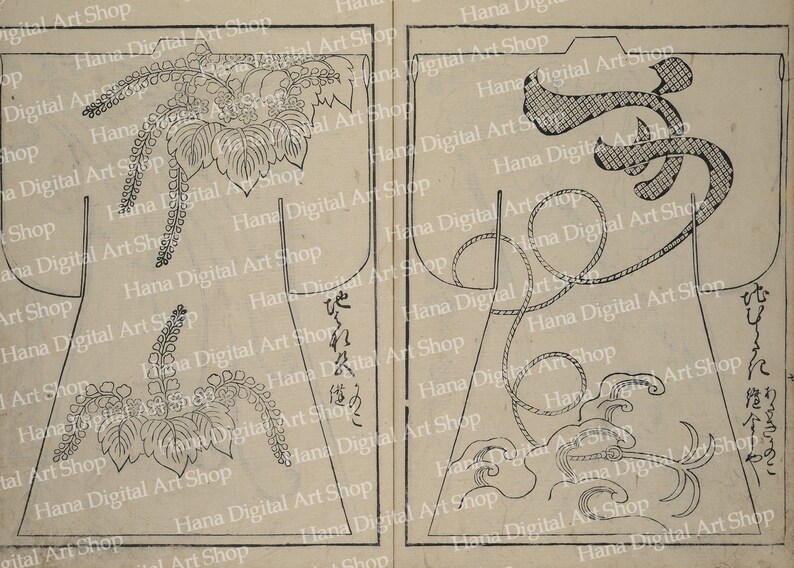 May include: Two black and white illustrations of Japanese kimono designs. The left design features a floral pattern with leaves and vines. The right design features a wave pattern with a rope design.