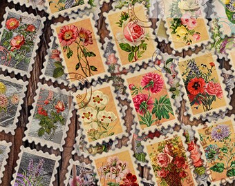 50 Vintage Flower Stamps, Printable Ephemera (Digital Download)
