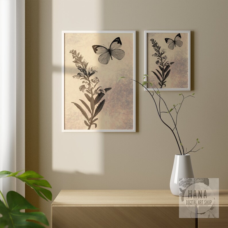Black Flower Wall Art Set Ver 2, Wall Art Set, Butterfly Wall Art