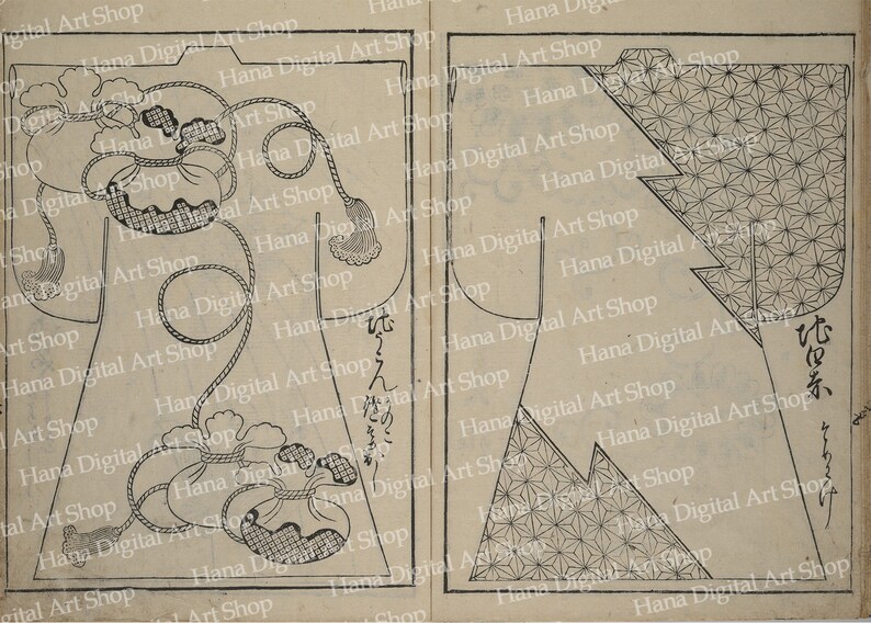 May include: A black and white illustration of two traditional Japanese clothing patterns. The left side shows a pattern of a rope with knots and flowers. The right side shows a pattern of a geometric design with a repeating star shape. The text "け" is written in Japanese on the left side and "花々" is written on the right side.