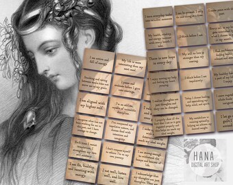 May include: An antique-style digital art print featuring a vintage illustration of a woman with long hair and a floral crown. The image includes several small cards with positive affirmations. The Hana Digital Art Shop logo is visible.