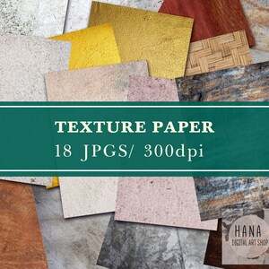 Peut inclure: Un collage de 18 papiers texturés différents dans diverses couleurs et motifs, y compris l'or, le brun, le gris et le blanc. Le texte "TEXTURE PAPER 18 JPGS/ 300dpi" est affiché dans un rectangle vert.