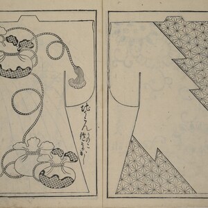 May include: A black and white illustration of a kimono pattern with a geometric design. The pattern is called "Tatsumaki" and is shown on the right side of the image. The left side of the image shows a different pattern called "Hanten" with a design of a rope with three bags attached to it.