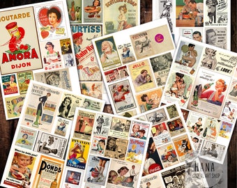 Peut inclure: Un collage de publicités vintage des années 1950 et 1960 mettant en scène des produits comme Jell-O, Budweiser et la moutarde Amora Dijon. Les publicités sont colorées et présentent des images de personnes et de produits.