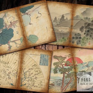 May include: A set of six vintage Japanese-style illustrations featuring a variety of subjects, including a blooming flower, a traditional Japanese house, a fan, a pine tree, and a sunset over the ocean. The illustrations are printed on aged paper with a textured surface.