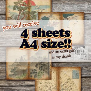 May include: Four sheets of vintage Japanese art prints in A4 size, featuring images of a mountain landscape, a cherry blossom branch, a bird in flight, and a traditional Japanese building. The text "you will receive 4 sheets A4 size!! and an extra gift as my thank" is visible on the image.