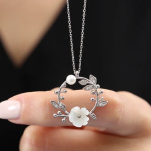 Pearl Silver Necklace - Magnolia Flower Burgeon Necklace - Design 925 Sterling Silver Pendant - Summer Jewelery for Women - Bridesmaid Gift