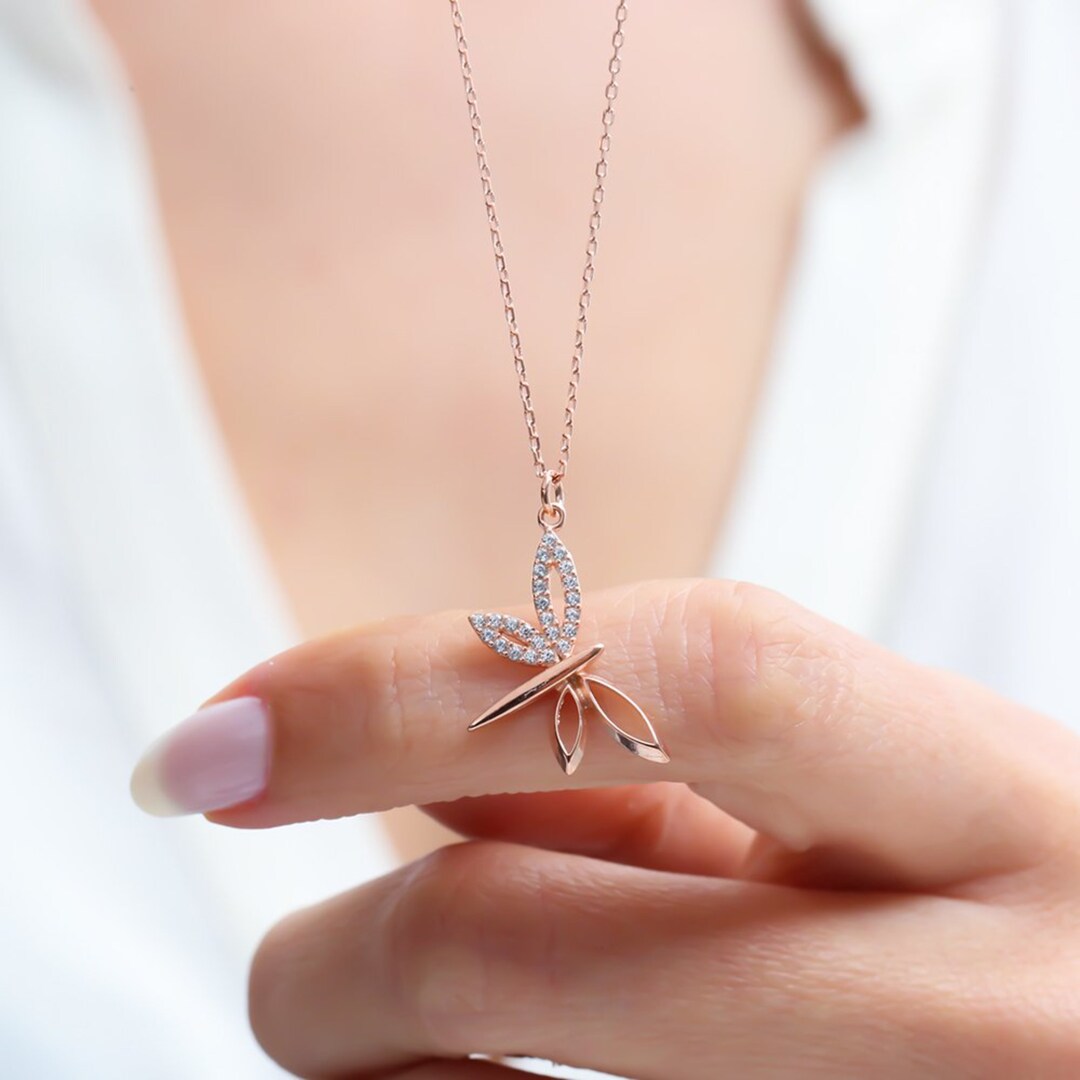 Glittering Dragonfly Rose Color 925 Sterling Silver Necklace - Etsy