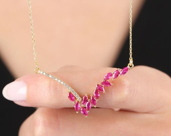 925 Sterling Silver Diamond Fuchsia Marquise Rose Gold - Gold - Silver Color Flowers Necklace, For Women, Anniversary Gift