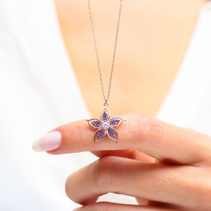 Amethyst Flower Rose Gold Color 925 Sterling Silver Necklace - Perfect Minimalist Gift for Her - Birthday Gift - Gift for Women