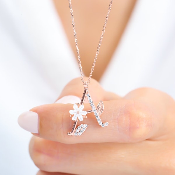 Collier prénom magnolia - collier lettre fleur en argent sterling 925 or rose - cadeau minimaliste délicat quotidien pour femme