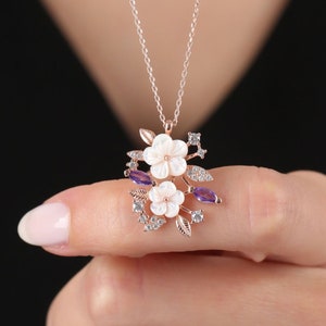 Amethyst Spring Symphony - 925 Sterling Silver Necklace - Magnolia Floral Rose Gold Color - Flowers Pendants - Summer Jewelery for Women