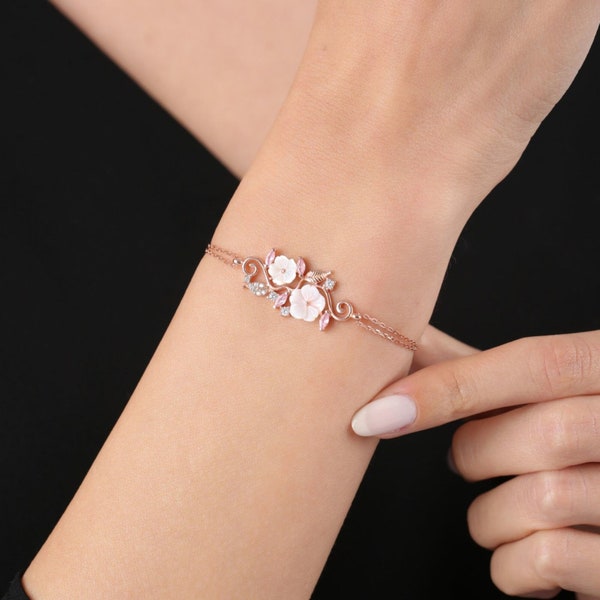 Bracelet en argent sterling 925 avec fleurs roses, jardin de fleurs de magnolia, cadeau de mariée pour demoiselle d'honneur, cadeau pour elle