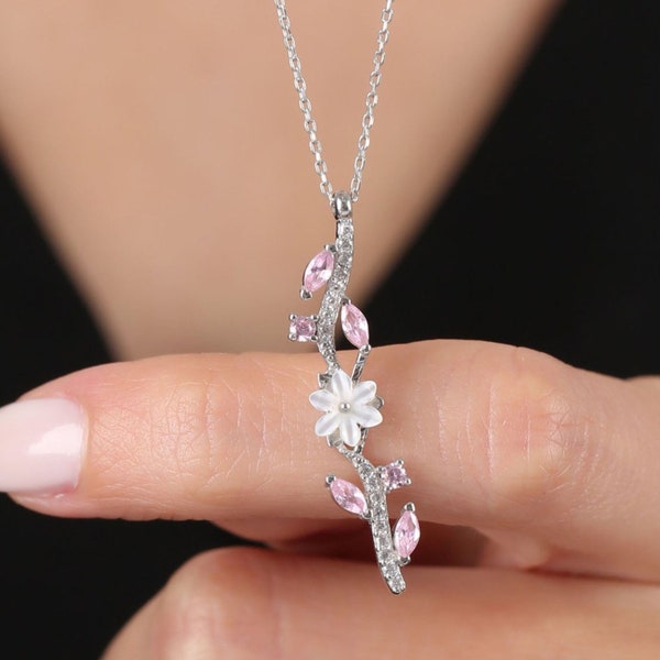 Rosa Stein Magnolia Blossom Elegance Flowers 925 Sterling Silber Halskette, Roségold / Silberfarbe, Geschenk für Sie, BlackFriday SALE!