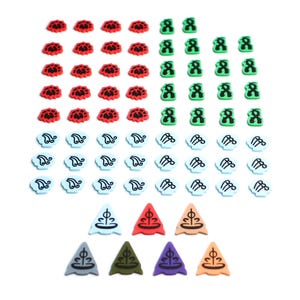 May include: A collection of colorful game pieces in red, green, light blue, and various earth tones. The pieces are arranged in rows and columns, featuring floral, abstract, and geometric designs. The pieces are likely for a board game or craft project.