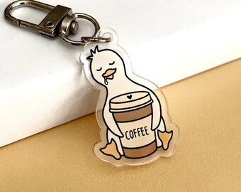 Duck Acrylic Keychains Duck Coffee Keychain with Carabiner Cute Duck Sleeping Gifts for Coffee Lovers Acrylic Keychain for Duck Lovers Art
