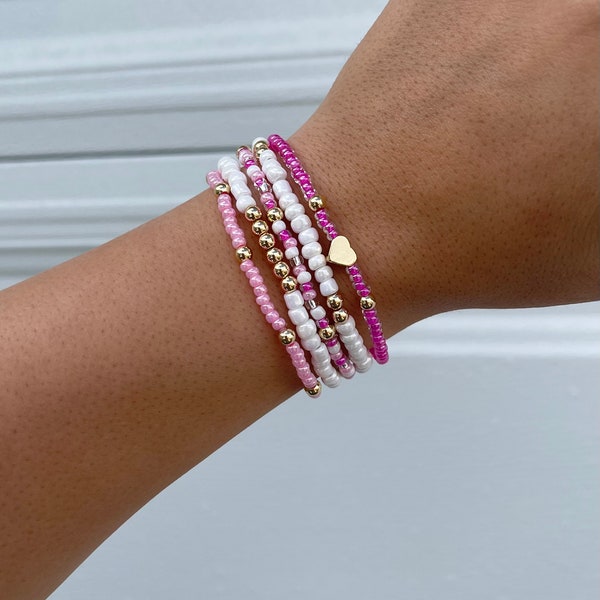 Valentine’s pink bracelet stack , beaded bracelets , Minimalist , gold accents , gifts for her