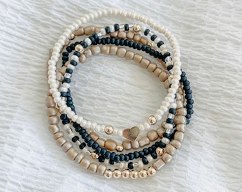 Black and Tan Neutral bracelet stack , Handmade beaded bracelets , Boho Style