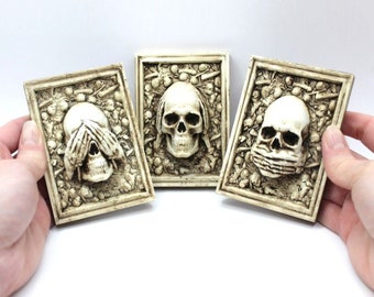 Three Wise Skulls Resin Fridge Magnets or Wall Hangings See no Evil, Hear no Evil, Speak No Evil. Based on the Three Wise Monkeys Xmas Gift