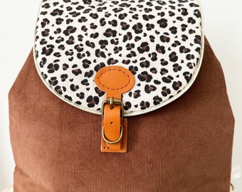 Customizable leopard print corduroy backpack for children's nursery and preschool