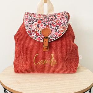 Customizable nursery and kindergarten backpack in terracotta corduroy for children