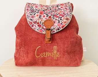 Sac à dos personnalisable crèche et maternelle en velours côtelé terracotta pour enfants