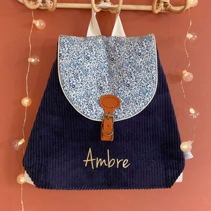 Sac à dos personnalisable crèche et maternelle en velours côtelé bleu marine liberty pour enfants