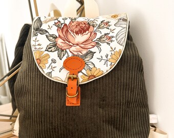 Customizable children's khaki corduroy backpack/school bag for nursery and preschool with vintage floral print