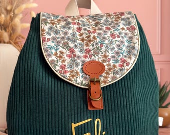 Customizable children's school and nursery backpack in green corduroy with floral cotton