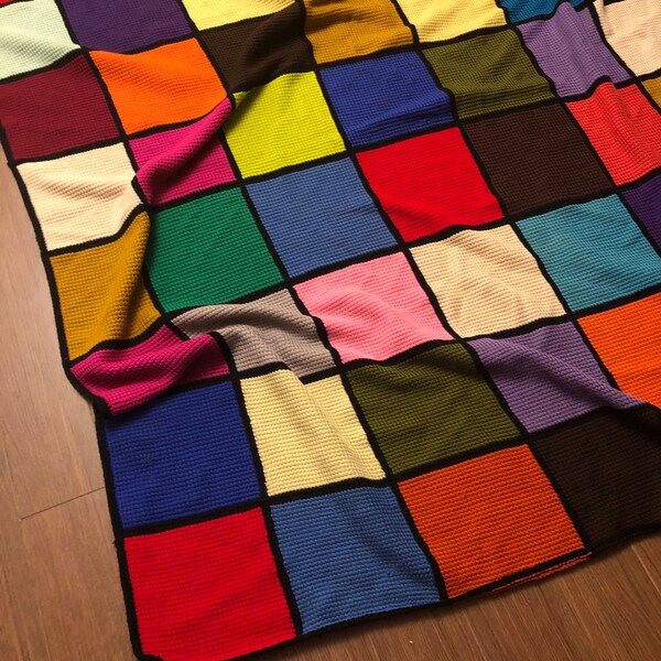 Large Vintage Afghan 76”x67”, Vibrant Color Block 1950’s Style Throw, Square Colorful Window Pane Pattern Retro Blanket