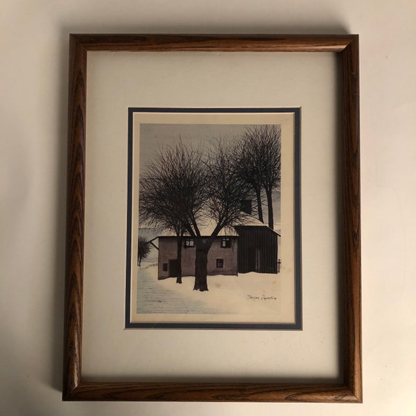 Vintage Winter Landscape Scene Artprint by JACQUES DEPERTHES in Dark Wood Frame, Framed Vintage Art Print