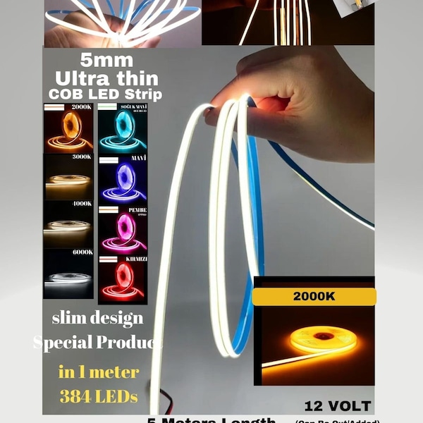 5 mètres, bande LED COB ultrafine 5 mm, 384 LED/1 mètre, bande LED, néon LED, décoration