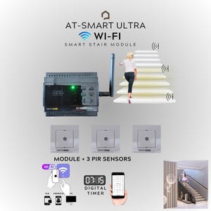 Può includere: Un modulo per scale intelligenti nero con una luce verde e un'icona Wi-Fi bianca. Il modulo è collegato a tre sensori PIR bianchi. L'immagine mostra anche un timer digitale, uno smartphone e una persona che sale le scale.